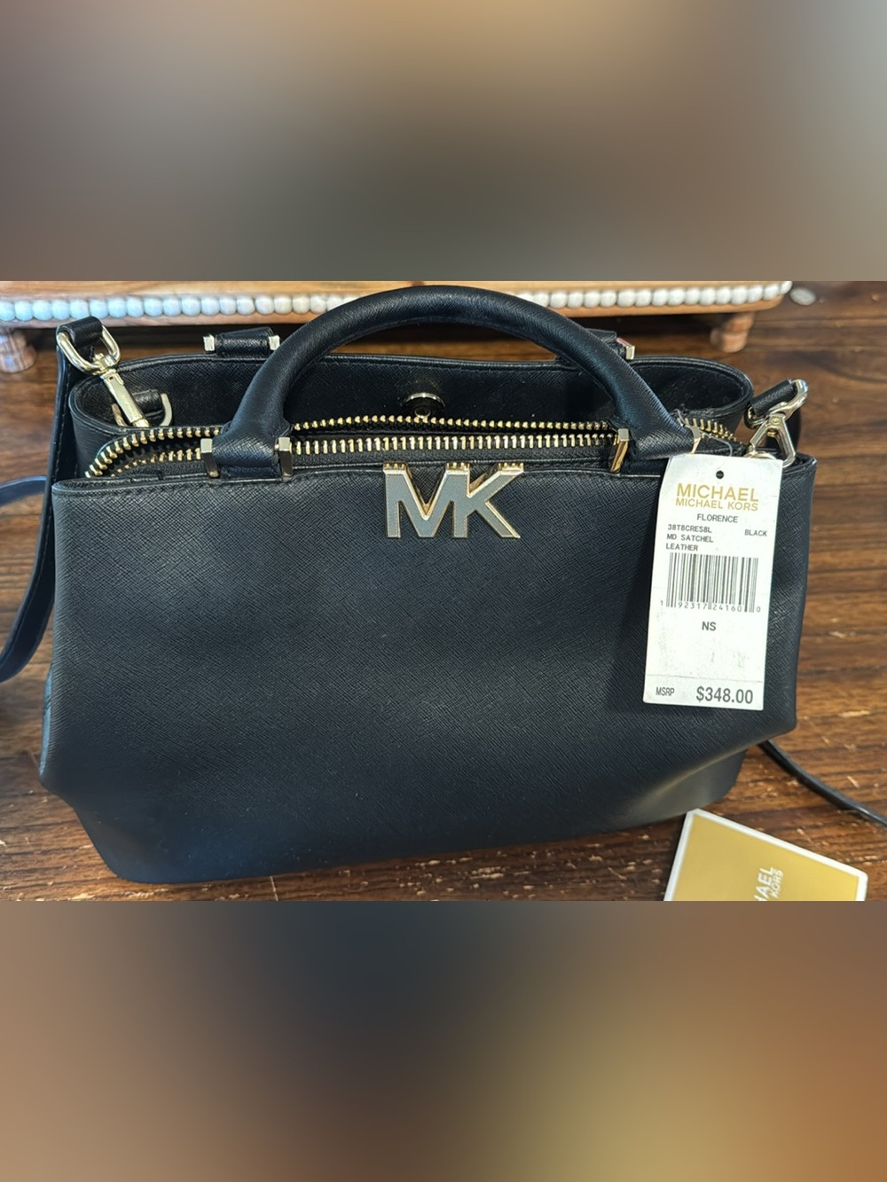 Michael Kors Black Leather Satchel with Gold MK Accent Florence